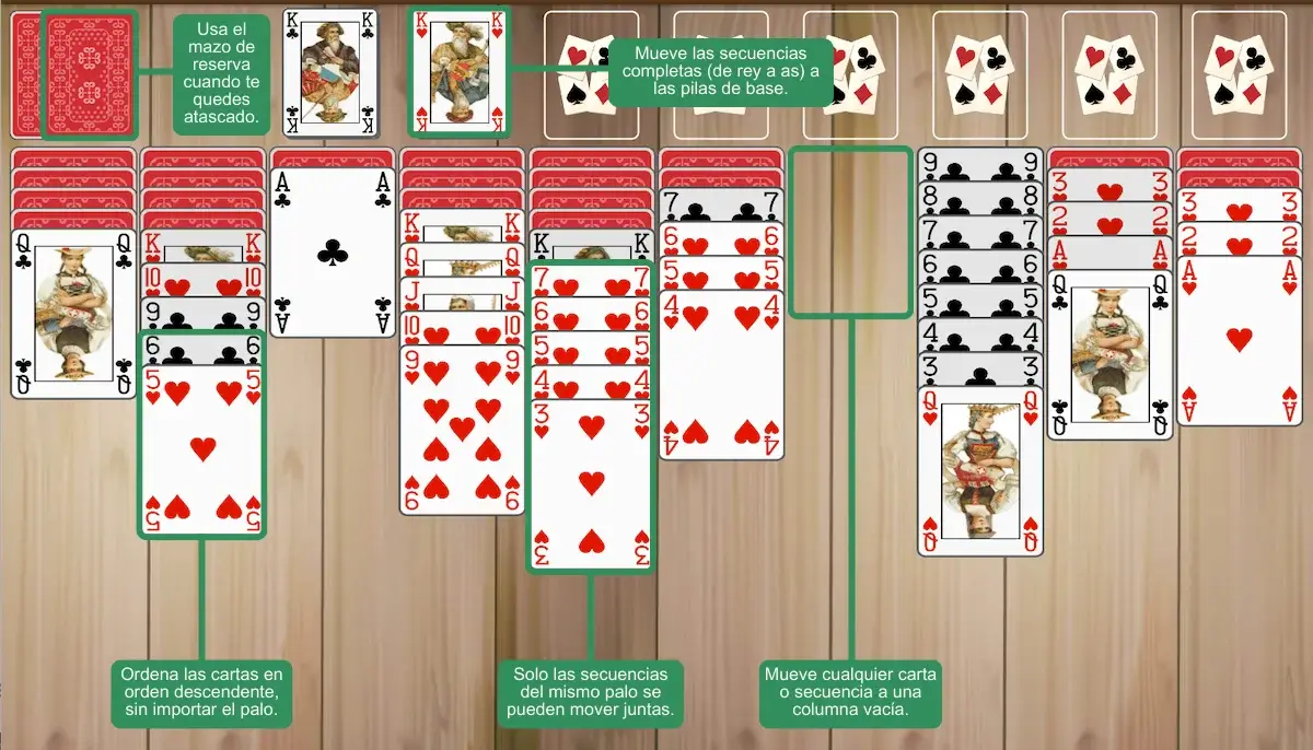 Reglas y ejemplos de Solitario Spider de 2 palos